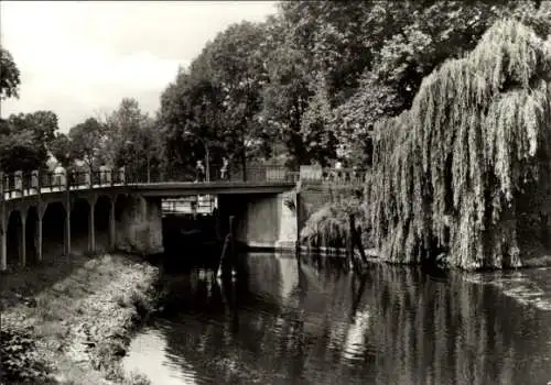 Ak Königs Wusterhausen in Brandenburg, Brücke, Kanal, Weidenbaum, Schwarz-Weiß-Foto