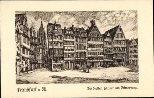 Ak Frankfurt am Main, Vorderseite zeigt alte Häuser am Römerberg, feine Federzeichnung, Frankfurt