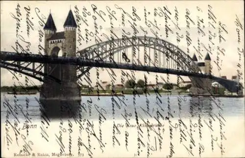 Ak Bonn am Rhein, Brücke mit zwei Türmen, Wasser darunter, Vintage-, Altstadtstil