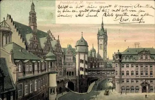 Ak Frankfurt am Main, Das Neue Rathaus, alte Architektur, Brücke, Fluss