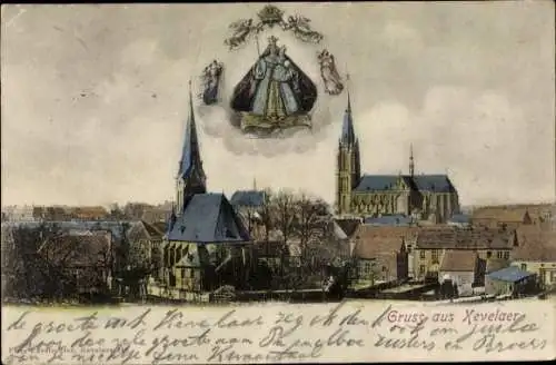 Ak Kevelaer am Niederrhein, Vorderansicht der Stadt, Kirche, farbige Darstellung, Krone und Wappe