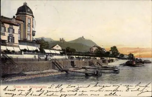 Ak Königswinter am Rhein, Malerei, Uferpromenade, Gebäude, Berge, Wasser