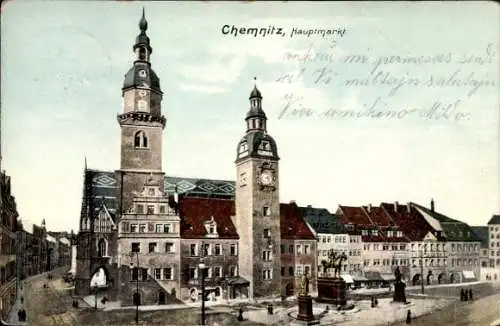 Ak Chemnitz Sachsen, Hauptmarkt, Rathaus, Denkmal