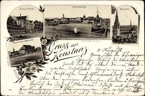 Ak Konstanz am Bodensee, Insel-Hotel, Landungssteg, Münster, Consiliums-Gebäude, Gruss aus Konsta