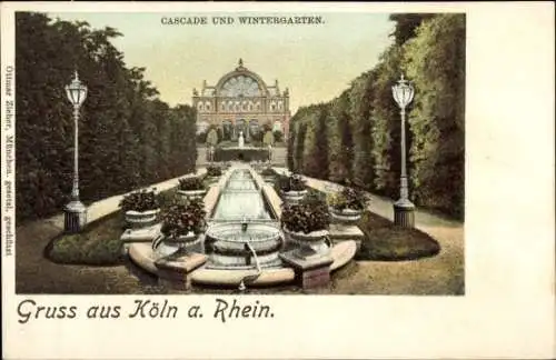 Ak Köln am Rhein, Parklandschaft, Gewächshaus, Wasserspiele, Blumenbeete