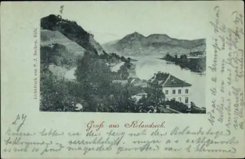 Ak Rolandseck Remagen am Rhein, Schwarz-Weiß-Fotografie der Landschaft, Fluss, Berge, Gebäude