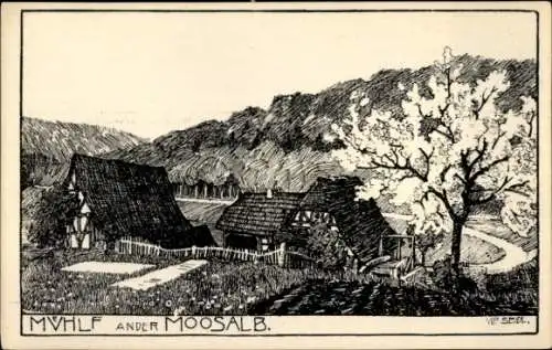 Künstler Ak Ulf Seidl, Fischweier Burbach Marxzell Schwarzwald, Mühle an der Moosalb