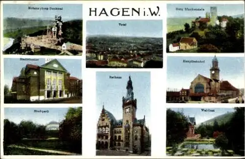 Ak Hagen in Westfalen, Stadtpark, Burg Blankenstein, Rathaus, Hauptbahnhof,