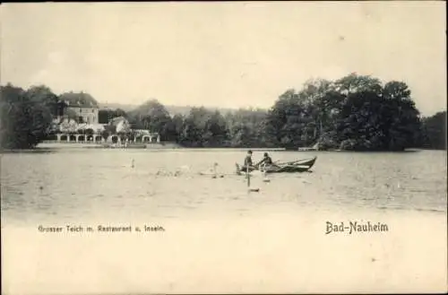 Ak Bad Nauheim in Hessen, Grosser Teich, Restaurant, Inseln, Schwäne, Boot