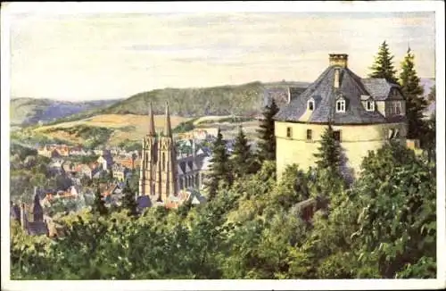 Künstler Ak Lindegreen, K, Marburg an der Lahn, Blick von der Hexenkanzel des Schlosses, Kirche
