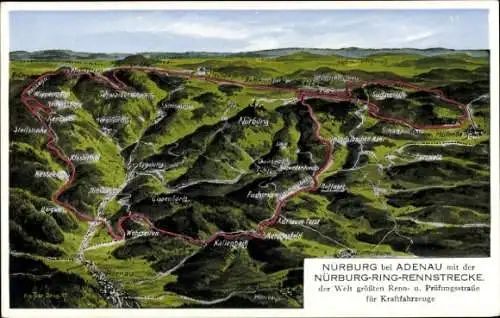 Ak Nürburg in der Eifel, Karte der Nürburg-Ring-Rennstrecke, Rundkurs, grüne Landschaft