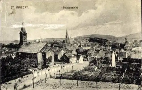 Ak Schüren St. Ingbert im Saarland, Totalansicht von  Kirche im Vordergrund, Stadtansicht