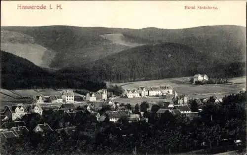 Ak Hasserode Wernigerode am Harz, Klippmühle, Hasserode i. H., Hotel Steinberg, Berge im Hintergr