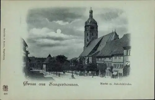 Mondschein Ak Sangerhausen am Südharz, Markt, Jakobikirche