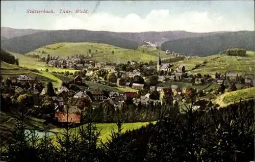 Ak Stützerbach Ilmenau Thüringer Wald, Totalansicht der Ortschaft, Berge