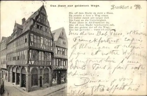 Ak Frankfurt am Main, Haus zur goldenen Wage, s Gebäude, Gedicht über Gerechtigkeit