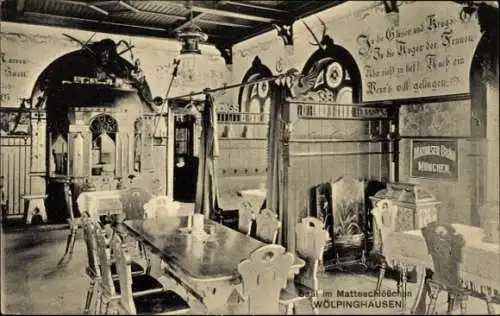 Ak Wölpinghausen in Niedersachsen, Innenraum eines Restaurants, lange Tische, Stühle, Wanddekorat