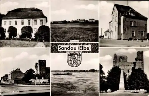 Ak Sandau an der Elbe, Historische Gebäude, Landschaftsansichten, Sandau Wappen und Fluss