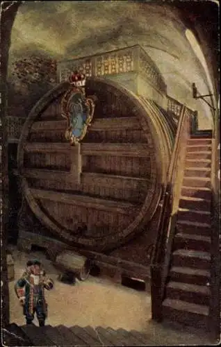 Ak Heidelberg am Neckar, Grosser Weinfass, Treppe, Person in r Kleidung