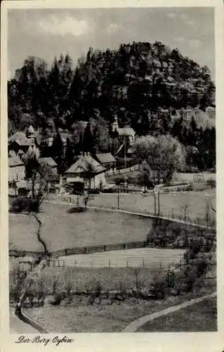 Ak Oybin in der Oberlausitz, Schwarze und weiße Fotografie, Berg  ländliche Landschaft, Häuser