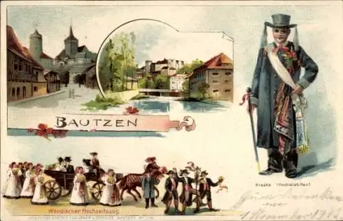 Ak Bautzen in der Oberlausitz, Wendischer Hochzeitszug, Farbige Darstellungen, Stadtansicht, Hoch