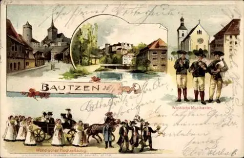 Ak Bautzen in der Oberlausitz, Wendischer Hochzeitszug, Wendische Musikanten, malerische Landscha