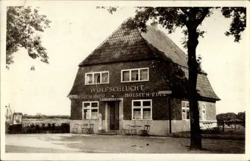 Ak Ahrensburg in Holstein, Gasthaus Wolfschlucht, Inh. Hugo Wolf, am Hochbahnhof