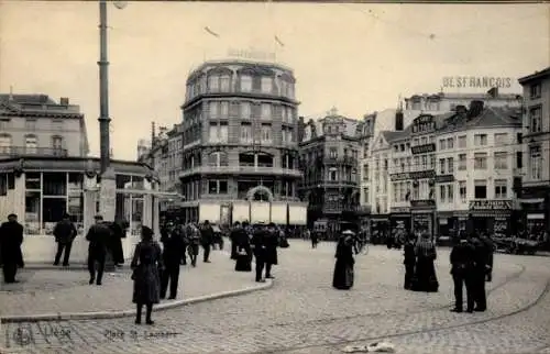 Ak Liège Lüttich Wallonien, Platzansicht,  Gebäude, Menschen, Werbung, Pavillon