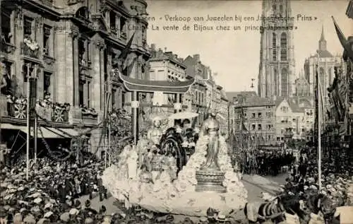 Ak Anvers Antwerpen Flandern, Straßenfest, geschmückter Festwagen, Festbesucher