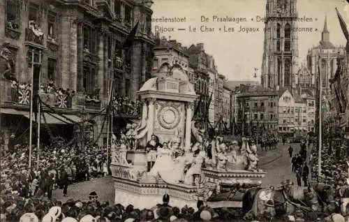 Ak Anvers Antwerpen Flandern, Straßenfest, geschmückter Festwagen, Festbesucher