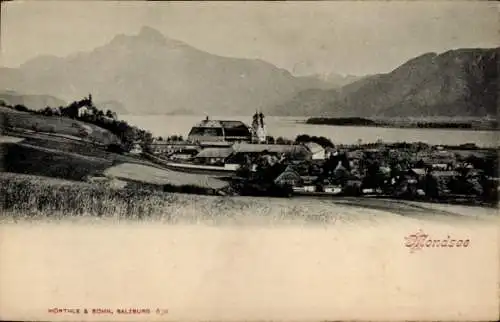 Ak Mondsee Oberösterreich, Landschaft mit See, Berge, Kirche, Dorf, Wörthle & Sohn, Salzburg