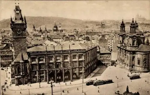 Ak Praha Prag Tschechien, Stadtansicht, Altstädter Rathaus, Straßenbahn,  Gebäude