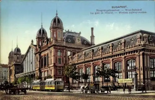 Ak Budapest Ungarn, Historischer Bahnhof, Architektur, Straßenbahn, Züge