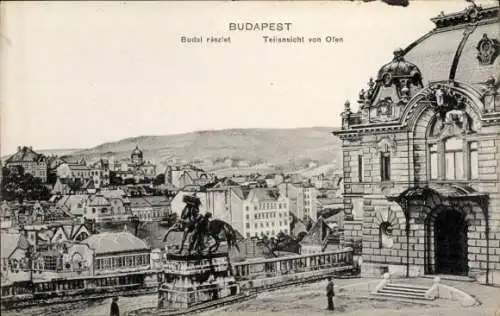 Ak Budapest Ungarn, Illustration von  Ausblick auf Ofen, Statue auf dem Platz