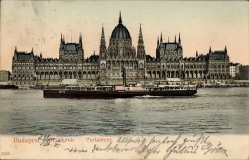 Ak Budapest Ungarn, Parlament, Flussboot,  Architektur, farbig gedruckt