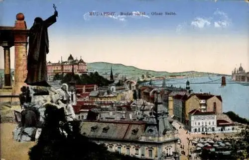 Ak Budapest Ungarn,  Budai Seite, Blick über die Stadt und die Donau, Statue