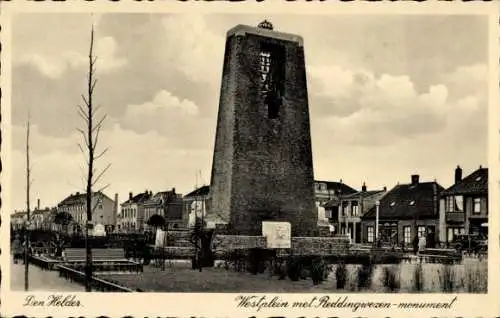 Ak Den Helder Nordholland Niederlande,  Westplein, Reddingwesen-Monument, Wolken, Häusereihe