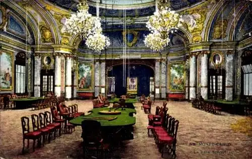 Ak Monte Carlo Monaco, Eleganter Saal, Kronleuchter, Tisch mit grünem Tuch, Gemälde an Wänden