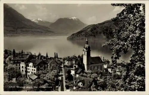 Ak Vitznau Kanton Luzern, Berglandschaft,  Kirche, See, Slingerhorn