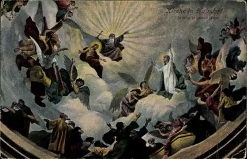 Ak Haindorf in Niederösterreich, Himmelsszene, Engel, Gott, Menschen in Wolken, Kirche in Haindor