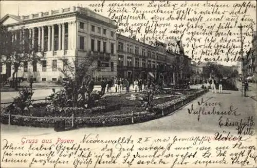 Ak Poznań Posen,  mit Gruß aus  Straßenansicht, Garten, Gebäude