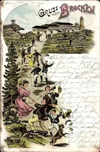 Litho Brocken Nationalpark Harz, Brockenhaus, Wanderer