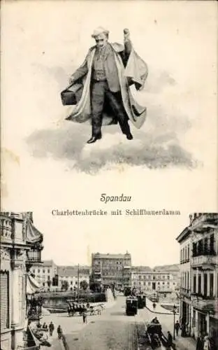 Ak Berlin Spandau, Mann in einem Umhang, Brücke, Straße,  Szenerie