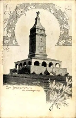 Ak Starnberg am Starnberger See Oberbayern, Bismarckturm, monumentales Bauwerk, dekorative Umrand