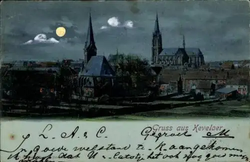 Ak Kevelaer am Niederrhein, Stadtansicht, Kirche, Mond, Wolken, 