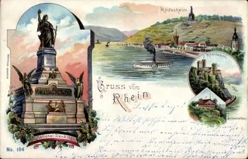 Ak Rüdesheim am Rhein, National Denkmal,  Rheinlandschaft, Dampfer