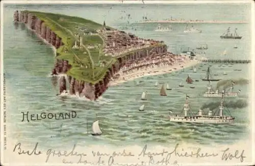 Ak Nordseeinsel Helgoland, Luftaufnahme von  Küste, Schiffe im Wasser, 