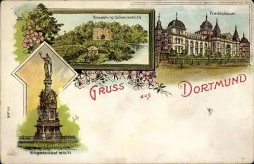 Ak Dortmund im Ruhrgebiet,  mit Kriegerdenkmal, Fredenbaum, Kronenburg-Schwanenteich