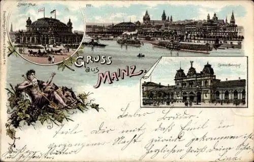 Ak Mainz am Rhein, Stadtansicht, Hafen, Schiffe, Figuren, Gruss aus  Central-Bahnhof