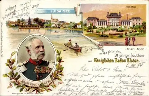 Litho Bad Elster im Vogtland, Luisa-See, Kurhaus, König Albert von Sachsen
